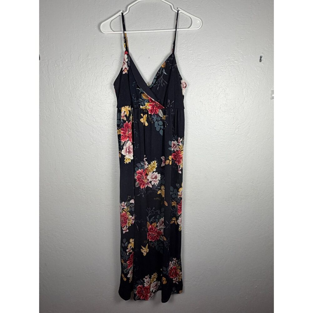 Active USA Women’s Large Black Floral Maxi Dress Surplice V Neck Adjustable Stra